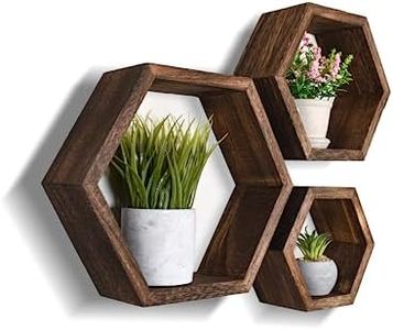 Set of 3 Pine Wood Hexagon Shelves for Wall Decor - Farmhouse Honeycomb Shelves for Living Room Decor, Kitchen Storage, Wall Mount Rustic Boho Shelves