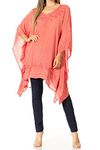 Sakkas 1801 - Regina Women's Lightweight Stonewashed Poncho Top Blouse Caftan Cover up - A-Salmon - OS