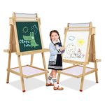 Kids Easel with Paper Roll Double Sided Chalkboard Whiteboard Toddler Wooden Painting Art Standing Easel Height Adjustable with Storage Tray Letters Numbers and Other Accessories