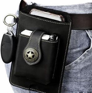 Functional Phone & Cigarette Genuine Leather Case with Belt Clip Case, Metal Clasp Cigarette Case Crazy Horse Leather Cigarette Case for Men Holster Lighter Holder Black