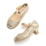 THEE BRON Girls Gold Sparkle Dance Heels Dress Shoes Princess Glitter Party Wedding Pumps(CA-901-12M)