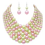 Rosemarie & Jubalee Women's Multi Strand Simulated Pearl Bib Necklace and Earrings Jewelry Set, 16"+3" Extender, Metal Glass, glass bead