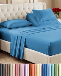 Split Head King Sheet Set – 4 Piece Flex Split Top King Sheets for Adjustable Beds - Fits 14” to 16" Mattress w/ Deep Pockets - Soft, Breathable & Cooling - Luxury Bedding & Wrinkle Free - Denim Blue