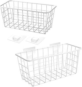 LeleCAT Hanging Kitchen Baskets For Storage Adhesive Sturdy Small Wire Storage Baskets with Kitchen Food Pantry Bathroom Shelf Storage No Drilling Wall Mounted,2 PACK,White