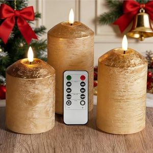Eywamage Gold Flameless Pillar Candles with Remote, Christmas LED Candles Battery Operated Flickering Real Wax Set of 3