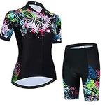 Women's Cycling Jersey Set Short Sleeve Biking Clothes with Padded Shorts Breathable Quick-Dry Shirt Black flower, XL