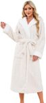 LYCY Womens Plush Hooded Robe, Soft Fluffy Womens Fleece Robe Long Warm Bathrobes for Women（White, S/M）