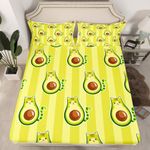 Cute Avocado Kitten Print Bed Sheet Set Pet Cats Pattern Fitted Sheet for Kids Teens Cartoon Animal Bedding Set Yellow Geometric Stripes Bed Cover Bedroom Decor 3Pcs Queen Size