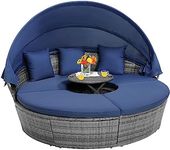 HAPPYGRILL Rattan Daybed with Canopy, Outdoor Wicker Round Daybed Patio Sectional Seating with Cushions & Adjustable Side Table, Patio Furniture for Backyard Porch Poolside