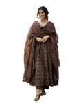 KLOSIA Women Printed Flared A-Line Kurta with Pant and Dupatta Suit Set | Kurta Set | Wedding Suit (Large) Brown