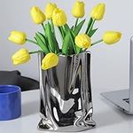 Sliver Ceramic Vase - 9.1 Inch Tall Flower Vase Minimalist Nordic Style for Home Decor, Centerpiece Vases for Wedding Dinner Table Party Living Room Office Bedroom