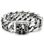 COOLSTEELANDBEYOND Mens Large Stainless Steel Curb Chain Bracelet with Fleur De Lis and Skull, Polished, Biker Gothic(CA)