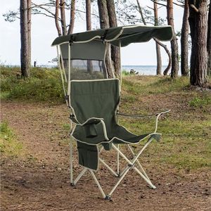 Navaris Sedia da Campeggio Pieghevole con Tettoia - Leggera e Portatile Ideale per Spiaggia - con Ombrellone e Tasche Laterali Portaoggetti - Verde Scuro con Bordature Beige