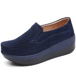 Solshine Women's Suede Leather Platform Wedge Heel Light Weight Slip On Loafers Casual Shoes Dark Blue 6.5UK