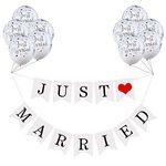 Just Married Garland Banners Just Married Wedding Bunting Banners Wedding Decorations Banners Photo Booth Props with 10 PCS White Latex Balloons for Wedding Bridal Shower Engagement Car Decoration