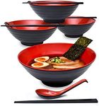 4 Sets (12 Piece) Large Japanese Ramen Noodle Soup Bowl Dishware Set with Matching Spoon and Chopsticks for Udon Soba Pho Asian Noodles (4, Red, 8.6")