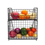 2 Tier Metal Wire Storage Basket, Stackable Fruit Vegetable Food Baskets Cabinet Organizer Pantry Bin for Home Bathroom Kitchen Office Organization - Black