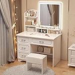 Vanity Table with Cushioned Stool, with 3 Color Led Lighted Mirror and 4 Drawer Vanity Desk Set, Makeup Vanity Table for Girls and Women