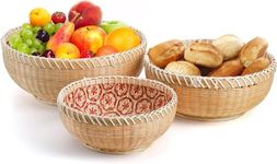 Elsjoy Set of 3 Wicker Woven Storage Basket, Bamboo Bread Basket Round Rattan Serving Basket Farmhouse Decor for Fruits, Vegetables, Potatoes, Stackable 9.6"/8"/7"