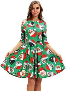 Plustrong Womens Christmas Dress 3D Print Ugly Christmas Sweater Party Dress Swing Midi Dress, Green Santa Cat 010