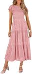 PRETTYGARDEN Women's Floral Midi Dresses 2025 Summer Cap Sleeve Smocked Ruffle A Line Long Flowy Wedding Guest Dress (Pink,Medium)