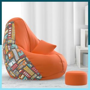 BiggieBean Bag with Beans Filled 4XL Bean Bag with Free Cushion and Footrest - Official : PrintHaven Combo (Matching Color : Printed, City Lights - H - Orange Black)