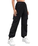 Nuofengkudu Black Petite Cargo Trousers Women Elasticated High Waisted Cuffed Ankle Teen Girls Y2K Harem Joggers Pants with 4 Flap Pockets Plain Stretchy Work Bottoms Casual Fashion Streetwear XL