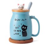 Feify Cute Cat Cup Ceramic Coffee Mug with Kawaii Cat Wooden Lid, Best Cat Mom Ever Coffee Mug Women Mom Mothers Day Gifts Birthday Novelty Gift for Mom from Daughter Son, Cute Thing Japanese Mug Blue