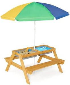 DORTALA Kids Picnic Table, 3-in-1 Water & Sand Activity Table with Height Adjustable Umbrella & Removable Tabletop, Outdoor Wooden Bench & Table Set for Toddler, for Garden, Yard & Patio, Natural
