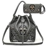 Sugar Skull Punk Art Rivet Studded Concealed Carry Purse Women Handbag Fashion Shoulder Bag Wallet Set, Gray Set, L