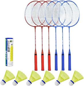 Badminton Rackets and Suttle Cock Set of 6 Rackets, 6 Yellow High Visibility Nylon Shuttlecocks, 3 Blue and 3 Red Badminton Set of Iron Frame Racquets, for Indoor and Outdoor Play, Badminton Sets