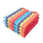 HOMESCAPES Multicolour Stripe Seat Pad Cushion for Dining Chairs Set of 4 100% Cotton Chair Pad with Straps 40 x 40 cm