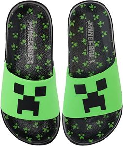 Minecraft Boys' Sport Slide Sandals, Comfort Casual Pool Slide Outdoor, Black/Green, 5-6 Big Kid