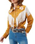 JOHN MOON Women's Floral Embroidered Fringe Western Shirts Rodeo Cowgirl Button Down Blouse Tops Country Style Outfits, Yellow, Large