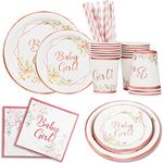 Girl Baby Shower Plates and Napkins for 16, Pink & Rose Gold Paper Plates, Dessert Disposable Party Tableware, Napkins, Cups, Straws for Baby Shower Girls Birthday Party Supplies, Floral Decorations