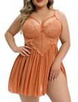 Avidlove Halloween Lingerie for Plus Women Lace Babydoll Strap Chemise Lingerie V Neck Nightgown Sexy Sleepwear Sheer Mesh Nightwear Caramel