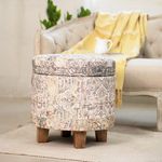 Albany Living Ethnic Print 100% Cotton Upholstered Cotton Round Storage Ottoman Stool with Solid Wood Legs, Beige