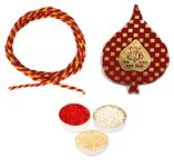 Velour Shoppe Bhaiya Tikka Thread, Roli, Chawal, Chandan Mishri in a Special Pack with Optional Personal Message Bhai Dooj Combo Set