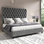 Jocisland King Size Bed Frame with Sleigh Headboard 60" Tall Velvet Upholstered Platform Bed, No Box Spring Needed, Light Gray