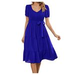 AMhomely Women Dresses Summer Solid Relaxed Comfort V-Neck Sexy Versatile Short Sleeve Dress Ladies Trendy Tunic Dresses Activewear Dresses for Vacation Cocktail Formal Work Wedding Blue