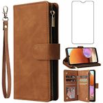 Asuwish Compatible with Samsung Galaxy A32 4G 6.4 inch Wallet Case and Tempered Glass Screen Protector Leather Flip Cover Card Holder Stand Cell Accessories Phone Cases for A 32 A32case Women Brown