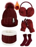 Yusongirl 5PCS Women Girls Winter Knitted Hat Scarf Gloves Earmuffs Stockings Fashion Pompom Hats Neck Warmer Socks Warm Knit Outdoor Skiing Cycling Set, Wine Red