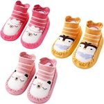 Adorel Baby Slipper Socks Cotton Anti-Slip Shoe Socks Pack of 3 Red Pink Turmeric 12-18 Months (Manufacturer Size 13)