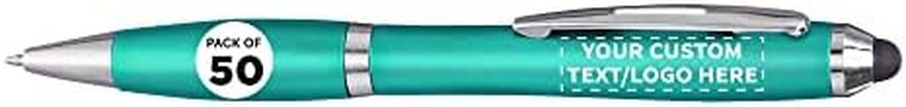 DISCOUNT PROMOS Custom Plastic Stylus Pens Set of 50, Personalized Bulk Pack - Black Ink, Great for Office, School, Business, Tradeshows, Events - Teal