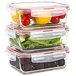 Vinsani Glass Food Storage 3-Pack 840ML Containers Rectangle Food Meal Prep Lunch Boxes with Lids Airtight Heat Resistant Leakproof Lid BPA-Free Dishwasher Microwave Freezer Safe