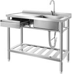 YORKING Stainless Steel Utility Sink, Free Standing Single Bowl Kitchen Sink Commercial Sink Set with Drawer Storage & Cold and Hot Water Pipe for Indoor and Outdoor Sink (47 inch)