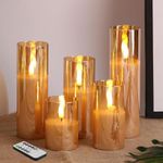 Girimax Slim Tall Flameless Candles in Gold Glass Jar, Flickering LED Pillar Candles with Remote Timer Set of 5 Φ 2" H 3" 4" 5" 6" 7"