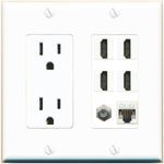 RiteAV 15A Power Outlet 4 Port HDMI 1 x Cat5e Ethernet Coax Cable TV Wall Plate (White)