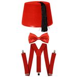 RED FEZ + BOWTIE + BRACES FANCY DRESS ACCESSORY SET SPACE TIME DOCTOR TRAVELLER COSPLAY OUTFIT RED BOW TIE