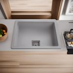 REMANENCE Granite Quartz Single Bowl Kitchen Sink With Drain Board, Drain Rack and PVC Waste Pipe-Flushmount/Undermount/Top Mounted Kitchen Sink (Snow Sand, 16 x 18 x 9 Inches)